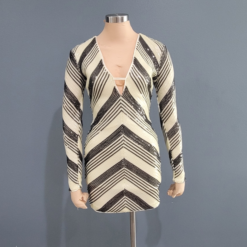 BEBE Sequin Chevron Low Cut Cocktail Clubbing Bodycon Mini Dress XS